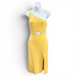 Saint + Secrets Yellow One Shoulder Cut Out Midi Dress Bodycon Soft Stretch Sz L